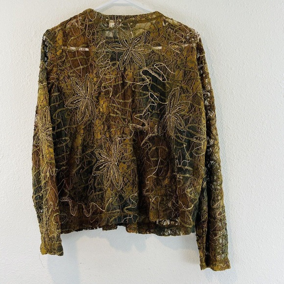 Womens L Laura Ashley Petite Lace Jacket Floral Embroidery Button Brown Green - Picture 2 of 5